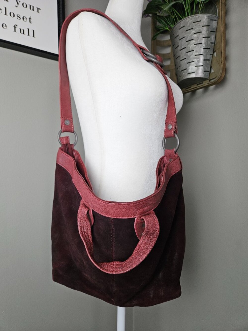 Free People We the Free Vintage Burgundy Red Distressed Suede Slouchy Tote Bag - Picture 4 of 13